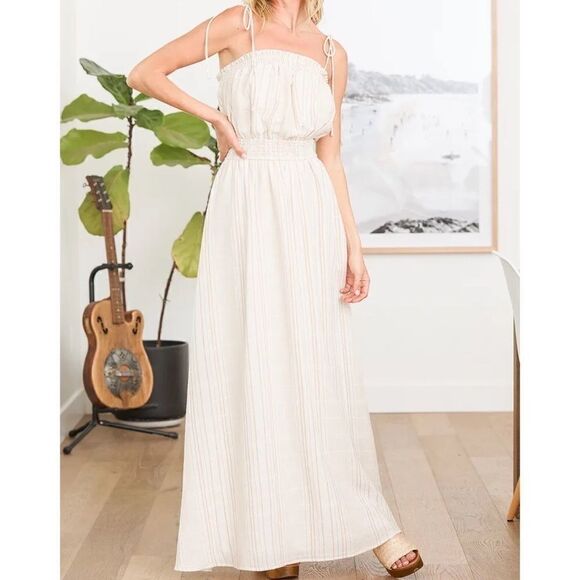 Sunny Day Vibes Ivory Striped Tie Maxi Dress Sm - Picture 1 of 3
